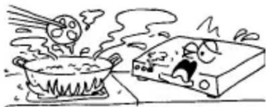 Cartoon illustration of a hot pot and a steaming stove with a character reacting in fear (no text or symbols)