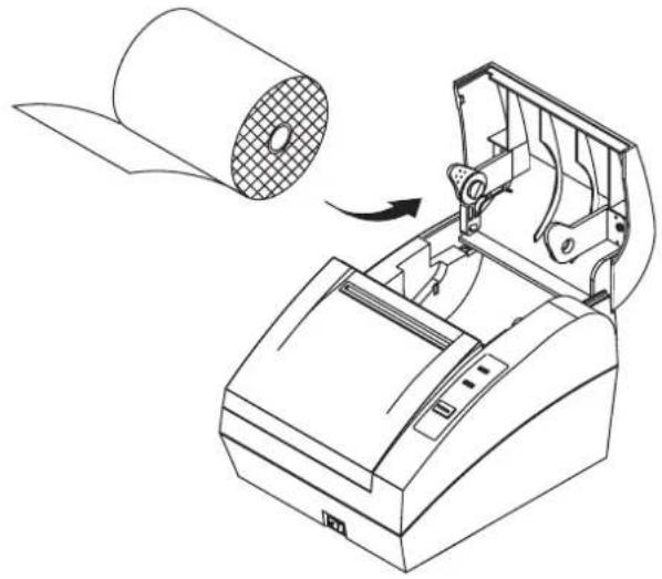 Line drawing of a printer with a magnified inset showing the paper roll and internal components (no text or symbols)
