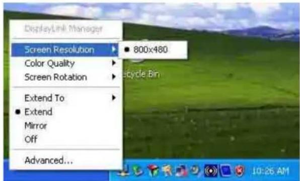 DisplayLink Manager Screen Resolution ▶ 800x480 Color Quality ▶ Screen Rotation ▶ Extend To ▶ ■ Extend Mirror Off Advanced...