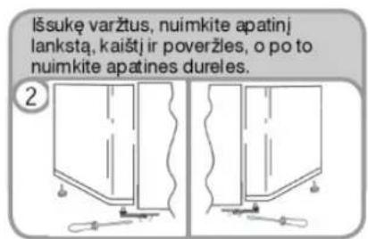 Išsukę varžtus, nuimkite apatinj lanksta, kaištj ir poveržles, o po to nuimkite apatines dureles.