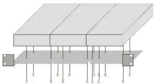 Pure structural diagram of a layered panel or enclosure with supports and mounting points (no text or symbols)