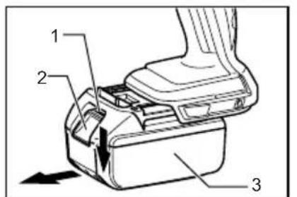 Technical diagram of a device's internal components with numbered parts and directional arrow indicating movement
