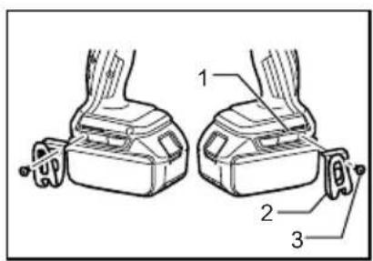 Technical diagram of a device's seatbelt assembly with labeled parts 1, 2, and 3