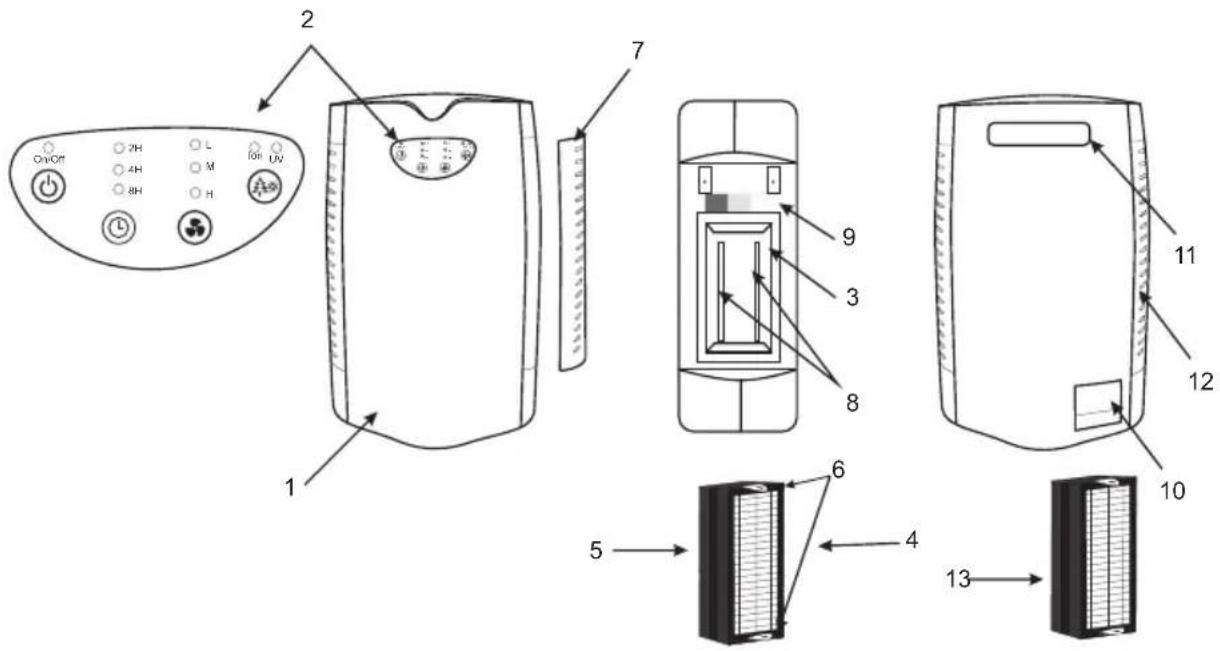 Diagram of a refrigerator internal components with labeled parts and control buttons