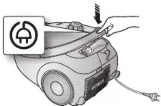 Diagram showing a hand inserting a plug into an electric vacuum cleaner's air vent, with a warning symbol and cable.