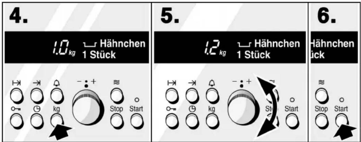 4. 1.0 kg Hähnchen 1 Stück 5. 1.2 kg Hähnchen 1 Stück 6. Hähnchen ick ≈ Stop Start - : + ≈ Stop Start kg Stop Start