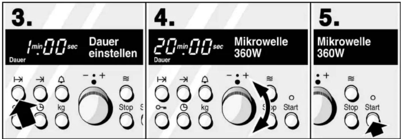 3. Dauer 1 min.00 sec Dauer einstellen ←→ → ▲ -: + ≈ ○ ○ ○ Stop S kg 4. Dauer 20 min.00 sec Mikrowelle 360W ←→ → ▲ -: + ≈ ○ ○ ○ Stop Start ○ ○ ○ Stop Start 5. Mikrowelle 360W : + ≈ Stop Start
