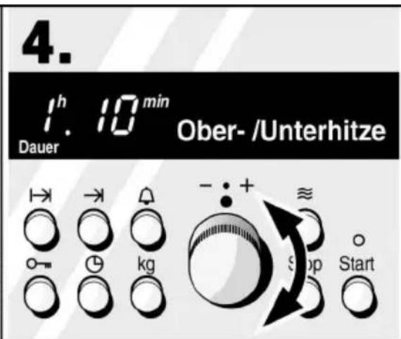 4. 1h 10 min Dauer Ober- /Unterhitze → → ↑ - : + ≈ kg Stop Start