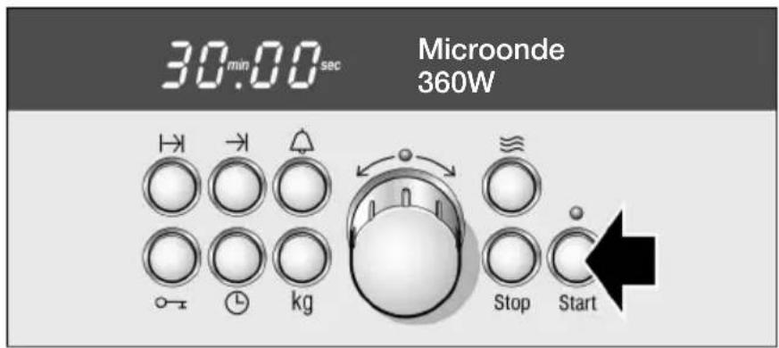 30 min.00 sec Microonde 360W → → ↑ ← ← kg Stop Start