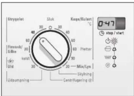 Strygelet Sluk Koge/Kulart °C 40 30 30 60 60 60 Pletter Flivask/ Silke 30 koldt 50 Uld 30 30 — Mix/Lyn Udpumpning Skylning Centrifugering @ stop / start 0:47
