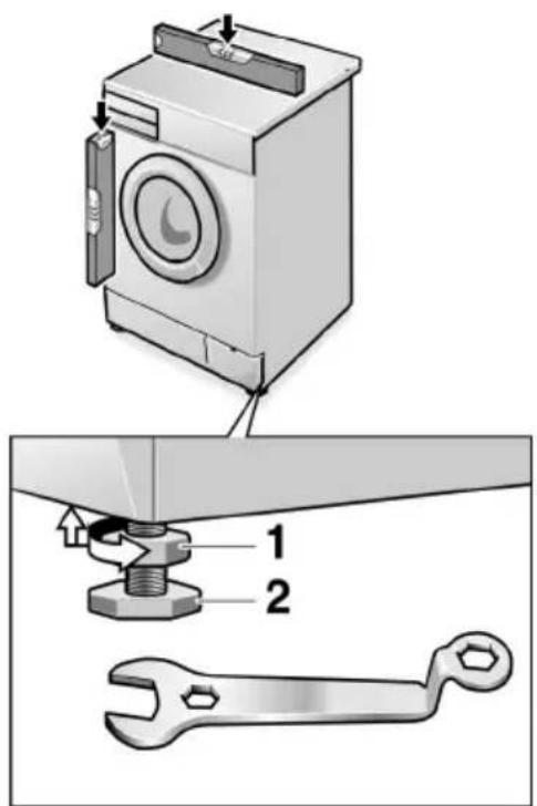 Diagram showing a washing machine with labeled parts and a wrench, illustrating the installation or repair process.