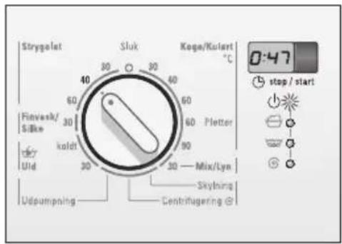 Strygolat Sluk Koga/Kulart °C 40 30 60 60 Flivesk/ Silke 30 koldt 90 Pletter 90 Mix/Lyn Uld 30 Skylning Udpumpning Centrifugering @ stop / start 0:47