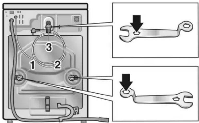 Diagram showing a device with labeled parts and two wrench tool icons for fastening or repair.