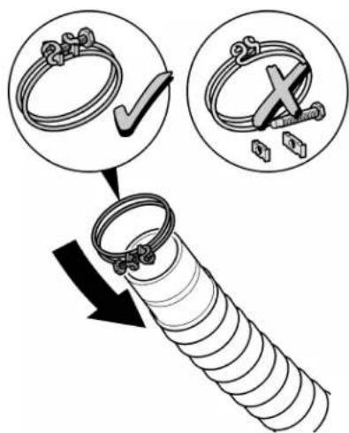 Diagram illustrating cable termination with magnified views showing correct and incorrect assembly steps