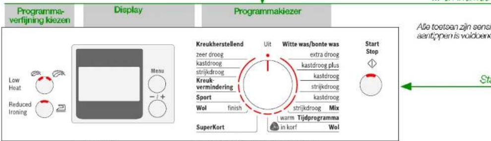 Programma-verfijning kiezen Display Programmakiezer Low Heat Reduced Ironing Menu -1+ Kreukherstellend Uit Witte was/bonte was Start Stop zeer droog extra droog kastdroog kastdroog plus strijkdroog kastdroog Kreuk-vermindering strijkdroog kastdroog Sport wol finish kastdroog streikdroog Mix SuperKort warm Tijdprogramma in korf Wol Alte toetsan zijn sensi aantippen is voidbenc Sta