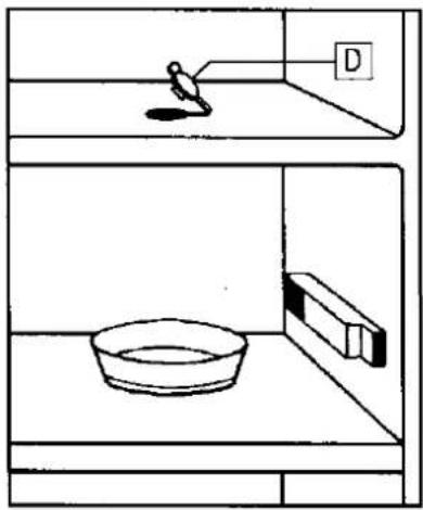 Simple line drawing of a room with a bed, a bowl, and a door (no text or symbols)
