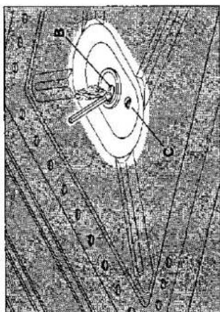 Diagramm, mis illustreerib magnetvälja jooni ja keskset juhti, millel on märgistatud punktid A, B, C, D, E, F, G, H.