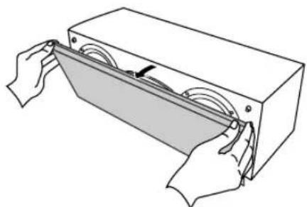 Illustration of hands holding a rectangular device with a shaded panel and circular components (no text or symbols)