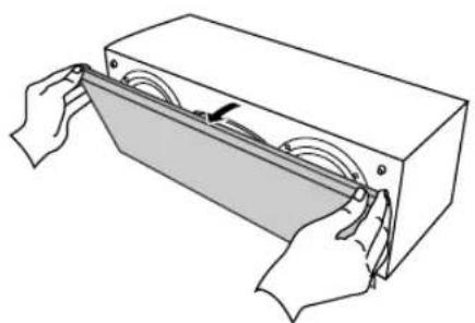 Diagram of hands holding a rectangular object with circular cutouts, no text or symbols present