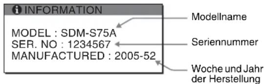INFORMATION MODELL: SDM-S75A SERIENNR.: 1234567 HERGESTELLT: 2005-52 Modellname Seriennummer Woche und Jahr der Herstellung