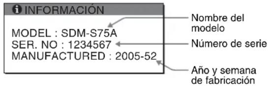INFORMACIÓN MODELO: SDM-S75A SER. NO: 1234567 FABRICADO: 2005-52 Nombre del modelo Número de serie Año y semana de fabricación