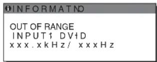 INFORMATND / OUT OF RANGE / INPUT1 DVID / xxxx.xkHz/xxxxz