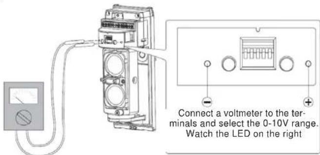 Connect a voltmeter to the terminals and select the 0-10V range. Watch the LED on the right