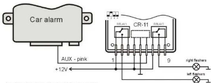 Car alarm AUX - pink +12V 1 9 RELAY1 CR-11 RELAY2 right flashers left flashers