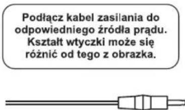 Podłącz kabel zasilania do odpowiedniego źródła prądu. Kształt wtyczki może się różnic od tego z obrazka.