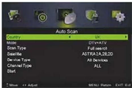 Auto Scan Country UK Mode DTV+ATV Scan Type Full search Satellite ASTRA 2A,2B,2D Service Type All Services Channel Type ALL Start Move + Adjust MENU Return EXIT Exit