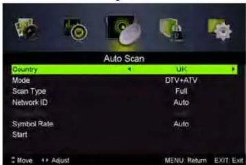 Auto Scan Country UK Mode DTV+ATV Scan Type Full Network ID Auto Symbol Rate Auto Start Move Adjust MENU Return EXIT Exit