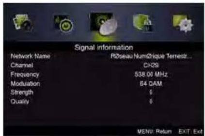 Signal information Network Name Ri2seau Num2rique Terrestr... Channel CH29 Frequency 538.00 MHz Modulation 64 QAM Strength $ Quality $ MENU Return EXIT Exit