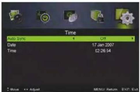 Time Auto Sync Off Date 17 Jan 2007 Time 02:26:54 Move + Adjust MENU Return EXIT Exit