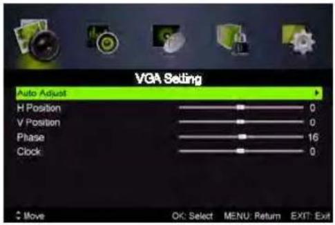 VGA Setting Auto Adjust H Position 0 V Position 0 Phase 16 Clock 0 Move OK: Select MENU: Return EXIT: Exit