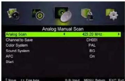 Analog Manual Scan Analog Scan 423.20 MHz Channel to Save CH001 Color System PAL Sound System BG AFC On Start None Fine tune 0-9: Input MENU: Return EXIT: Exit