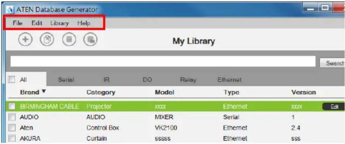 ATEN Database Generator File Edit Library Help My Library Search All Serial IR DO Relay Ethernet Brand Category Model Type Version BIRMINGHAM CABLE Projector xxxx Ethernet xxxx Edit AUDIO AUDIO MIXER Serial 1 Aten Control Box VK2100 Ethernet 2.4 AKURA Curtain ssssss Ethernet sss