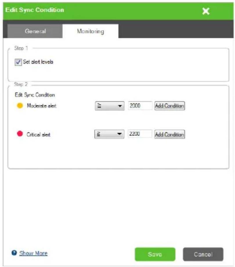 Edit Sync Condition General Monitoring Step 1 ✓ Set alert levels Step 2 Edit Sync Condition ● Moderate alert ≥ 2000 Add Condition ● Critical alert = 2200 Add Condition Show More Save Cancel
