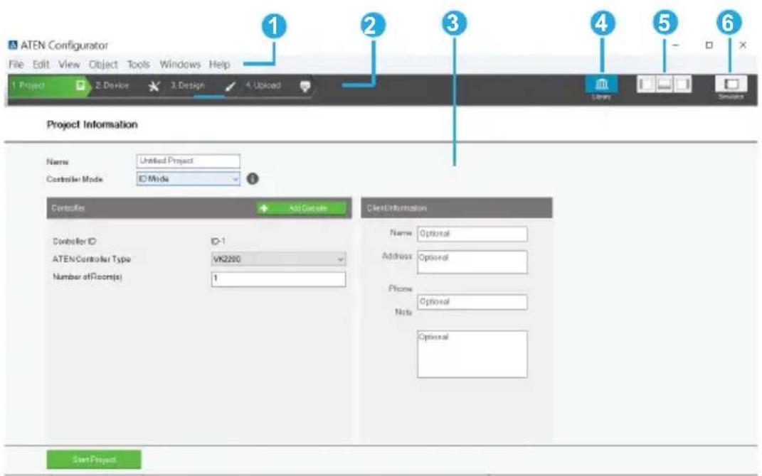 ATEN Configurator File Edit View Object Tools Windows Help 1 Project 2 Device 3 Design 4 Upload Project Information Name Unified Project Controller Mode Mode Controller Add Console Client Information Controller ID ID-1 ATENController Type VK2200 Number of Room(s) 1 Name Optional Address Optional Phone Optional Note Optional Options Start Project