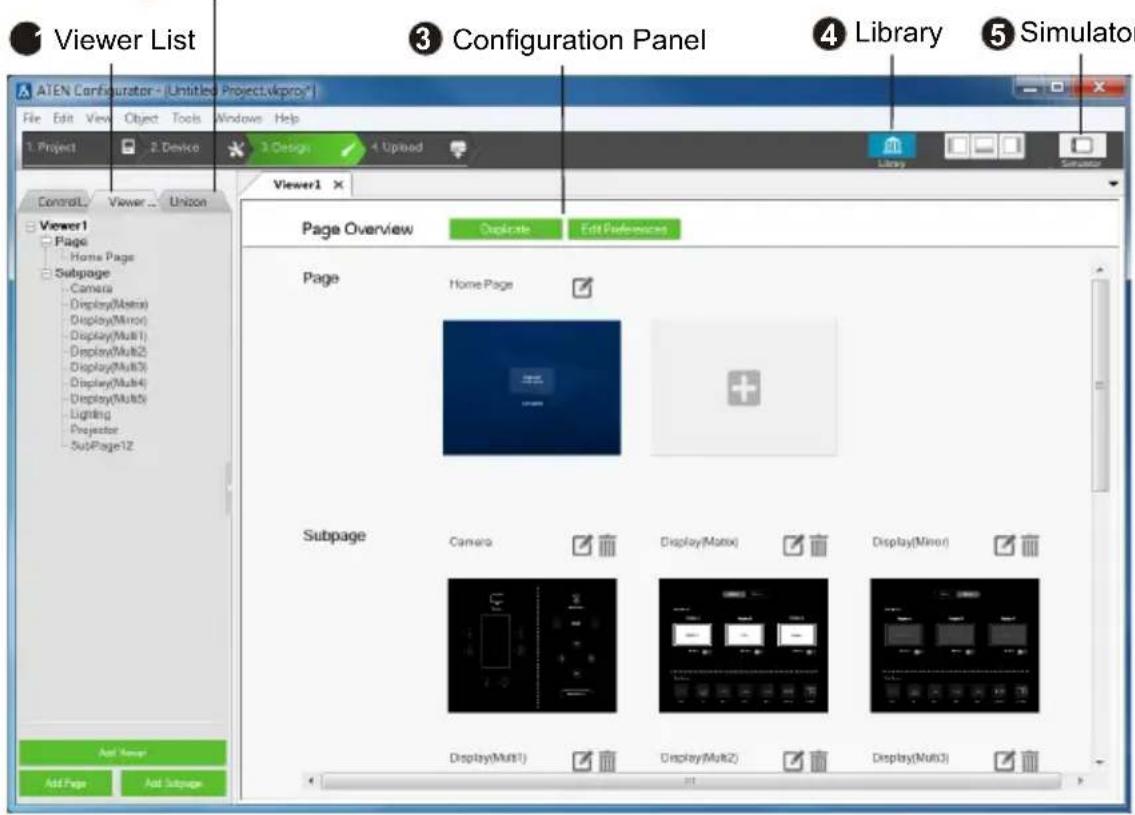 Viewer List Configuration Panel Library Simulator Viewer1 Page Home Page Subpage Camera Display(Matrix) Display(Mirror) Display(Multi) Display(Multi) Display(Multi) Display(Multi) Display(Multi) Display(Multi) Display(Multi) Subpage Camera Display(Matrix) Display(Mirror) Display(Multi) Display(Multi) Display(Multi) Add View Add Page Add Subpage Page Overview Duplicate Edit Preferences Page Home Page Subpage Display(Multi) Display(Multi) Display(Multi)