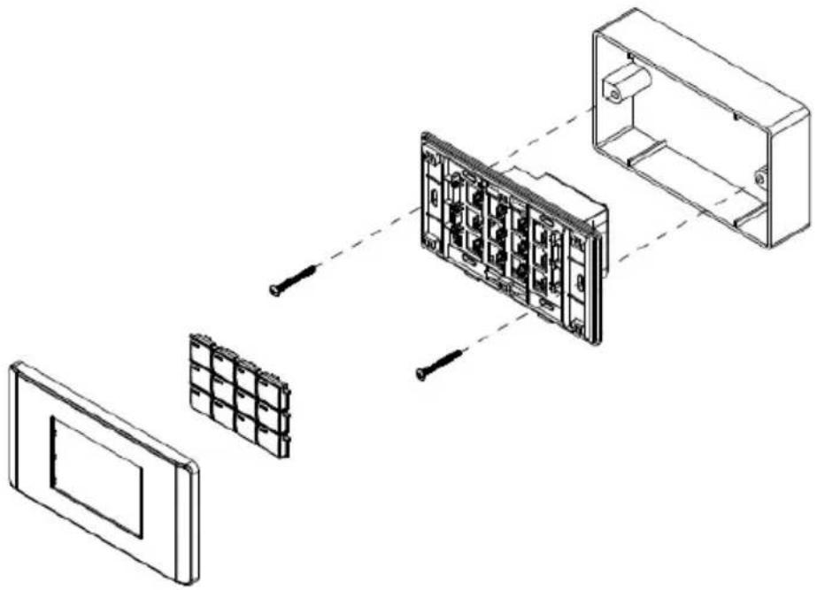 Technical diagram showing assembly of a device into a housing, with labeled components and directional arrows indicating assembly steps.