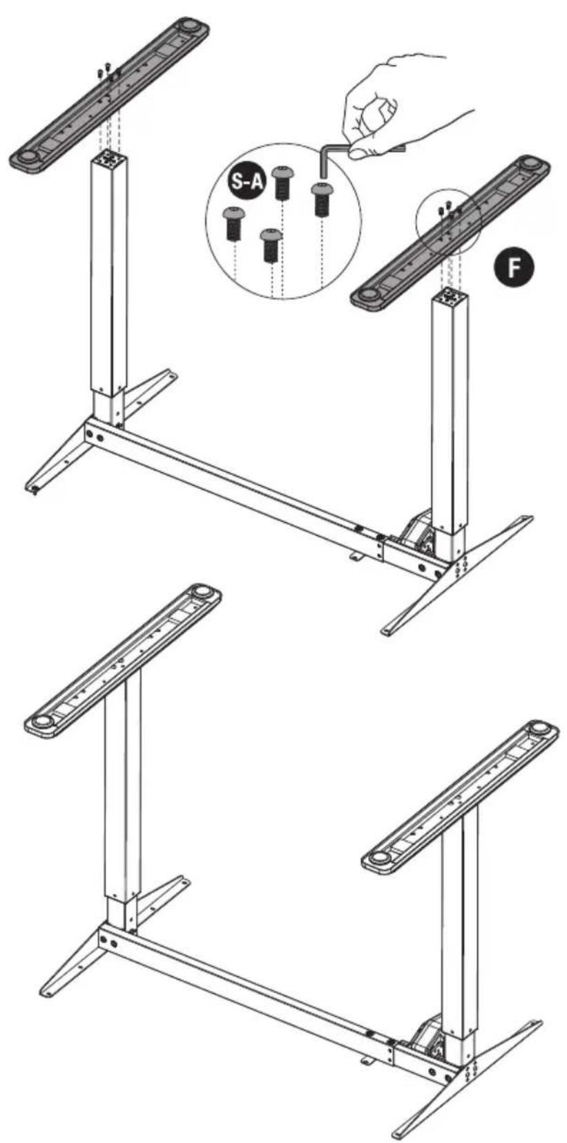 Technical diagram showing three stages of a mechanical assembly with labeled parts S-A and F, including a hand adjusting a bolt.