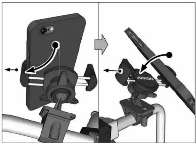 Diagram showing a smartphone mounted on a device with directional arrows indicating movement, alongside a mounted device labeled 'ARION'.