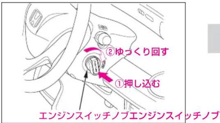 ②ゆっくり回す ①押し込む エンジンスイッチノブエンジンスイッチノブ