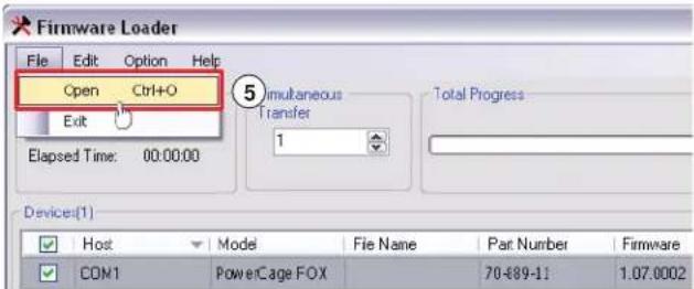 Firmware Loader File Edit Option Help Open Ctrl+O Exit Elimsed Time: 00:00:00 Imultaneous Transfer 1 Total Progress Device(1) Host Mode File Name Part Number Firmware COM1 PowerCage FOX 70-889-11 1.07.0002