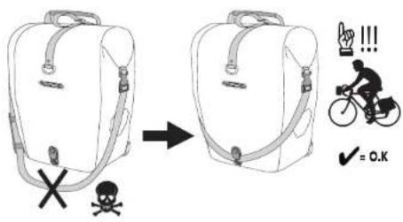 Diagram illustrating a bicycle backpack with warning symbols and a pictogram showing a person on a bicycle.