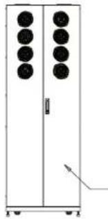 Simple line drawing of a two-decker industrial cabinet with circular vented elements and a small arrow pointing to the side (no text or symbols)