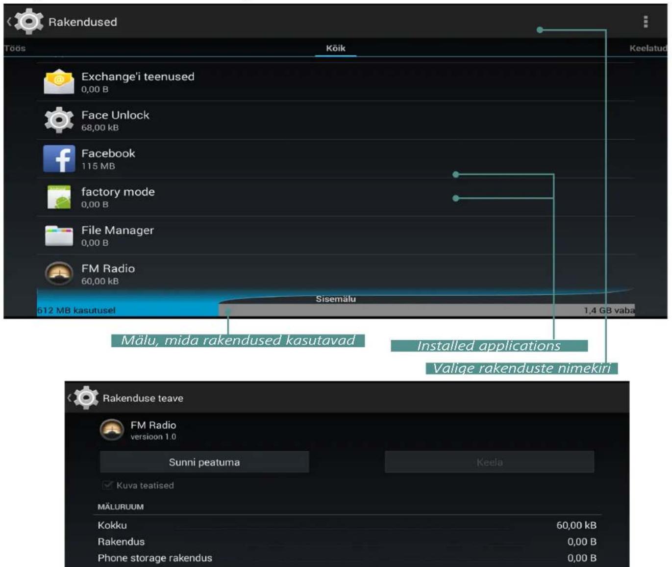 Rakendused Toös Kõik Keelatud Exchange'i teenused 0,00 B Face Unlock 68,00 kB Facebook 115 MB factory mode 0,00 B File Manager 0,00 B FM Radio 60,00 kB 612 MB kasutusel Sisemälu 1,4 GB vaba Mälu, mida rakendused kasutavad Installed applications Valige rakenduste nimekiri Rakenduse teave FM Radio version 1.0 Sunni peatuma Keela Kuva teatised MÄLURUUM Kokku 60,00 kB Rakendus 0,00 B Phone storage rakendus 0,00 B