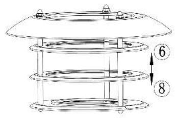 Technical diagram of a multi-tiered mechanical or structural assembly with numbered components and directional arrows.