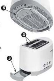 Diagram of a toaster with labeled parts including front, side, and interior views