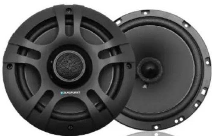 Two black speaker plates with visible sound waves and mounting holes (no text or symbols)